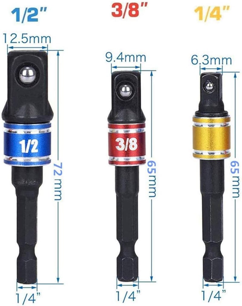 CIGOTU Socket Adapter Extension Set, 1/4, 3/8, 1/2 Inch Hex Shank, Impact Grade, Power Drill to Socket Converter, 3-Piece (Black) - Image 5
